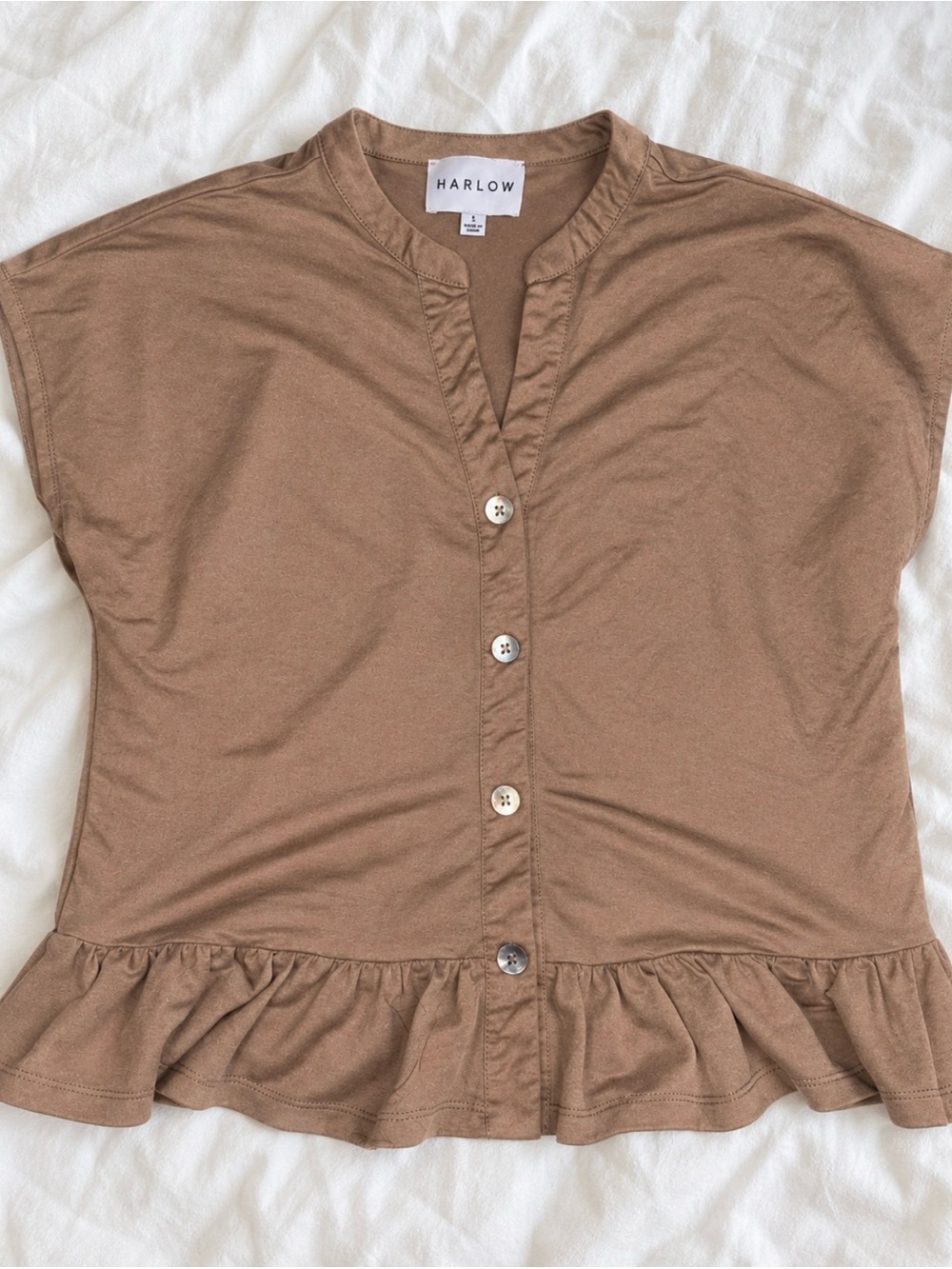 Harlow Tan Button-Front Ruffle-Hem Top
